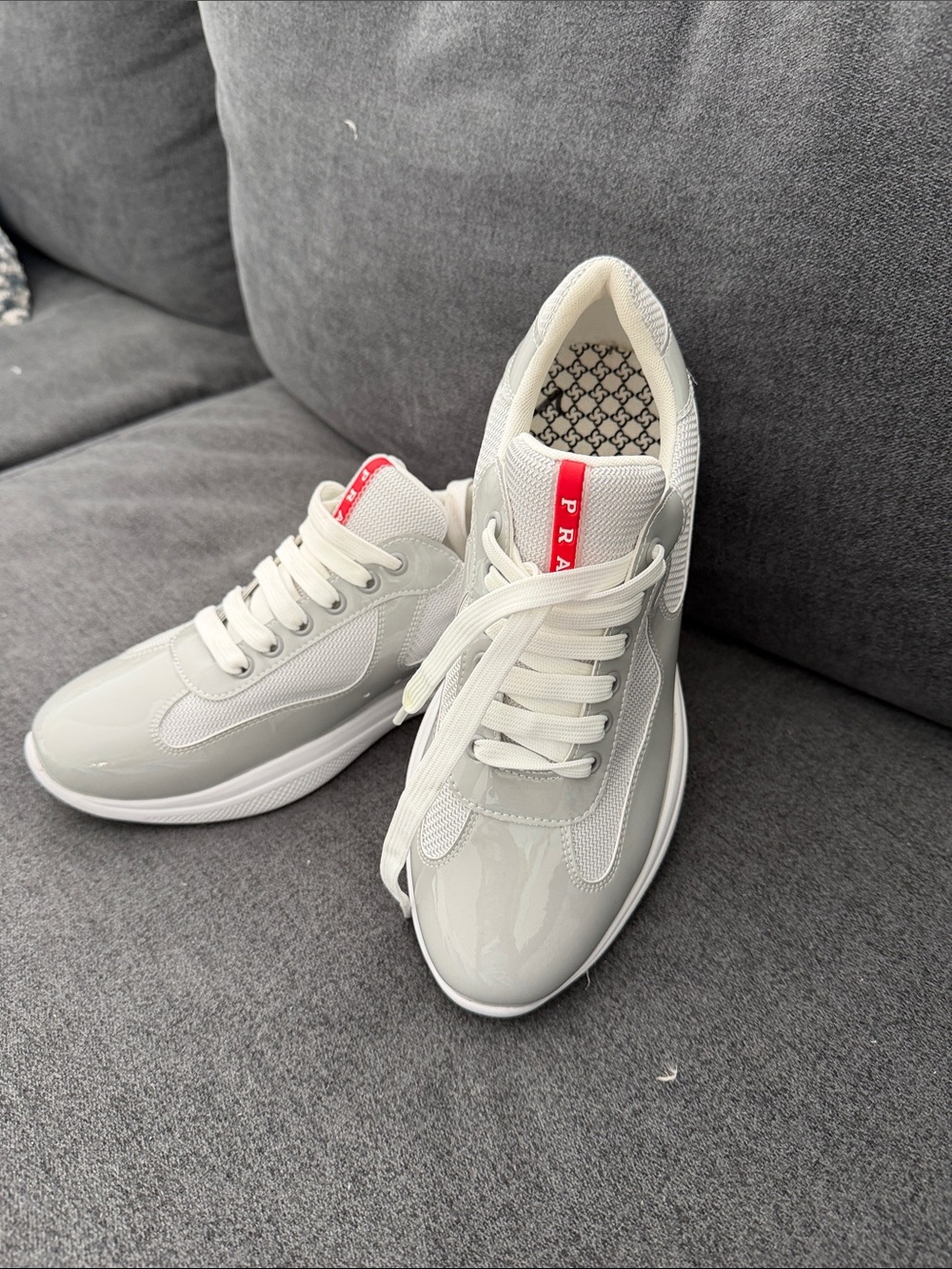 Prada White Sneakers with Red Logo Tongue